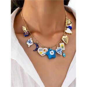 Evil Eye Celestial Glass and Ceramic Bead Heart Locket Charm Necklace